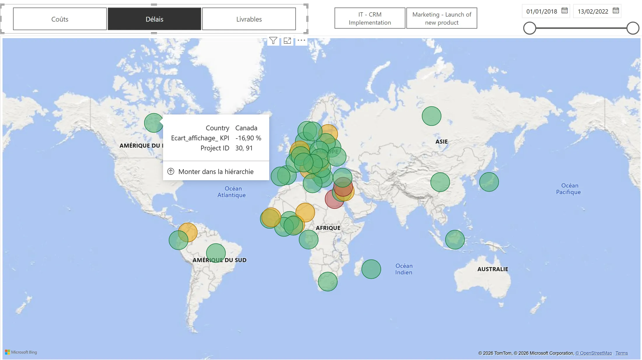 World map in Power BI with Delays selected: one bubble per country, mostly green, a few yellow, and red ones around the eastern Mediterranean. A tooltip over Canada shows a delay gap of −16.90% and projects 30 and 91.