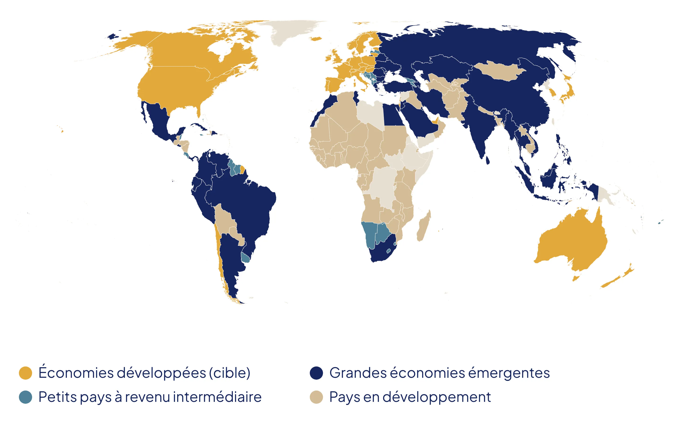 Carte du monde colorée par cluster : l’Europe, l’Amérique du Nord, le Japon et l’Océanie forment le cluster des économies développées.