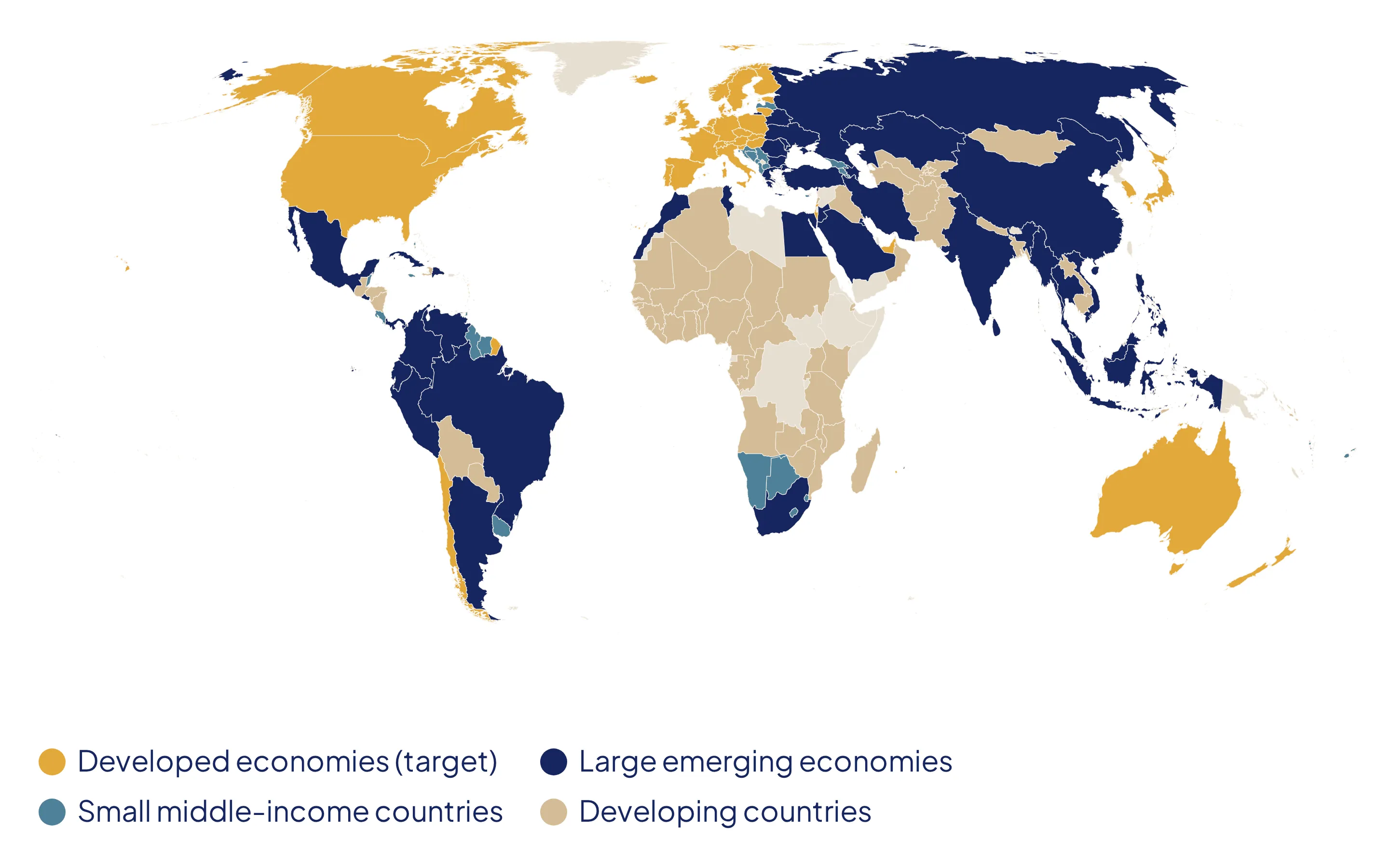 World map coloured by cluster: Europe, North America, Japan and Oceania form the developed-economy cluster.